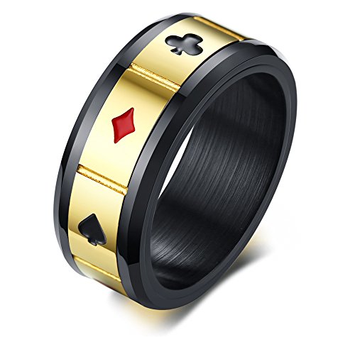 VNOX Negro Acero Inoxidable Esmalte Picas Corazón Club Diamond Poker Ring Playing Cards Spinner Ring Juego de Joyería para Hombres, Tamaño 27