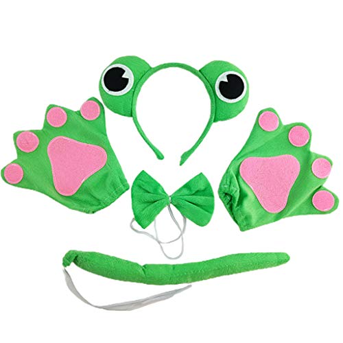 WDFVGEE 4 piezas de dibujos animados de animales Cosplay disfraz de rana ojos de peluche diadema con lazo cola de guantes, calientan tus manos en invierno para calentarte.