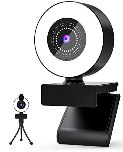 Webcam, 2K Full HD con MicrófonoIncorporado, Webcam con Luz Anular, Plug and Play, con Tapa Webcam, USB Webcam para Videollamadas, Estudio, Conferencia, Compatible con Windows, Android, IOS, Linx