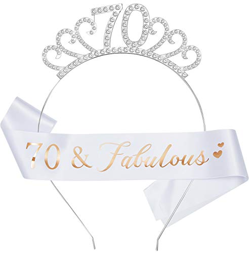 WILLBOND Conjunto de Disfraces de Feliz Cumpleaños, Incluye Tiara de Cristal Corona de Cumpleaños y Faja para Favores de Cumpleaños (Estilo de 70 Años)