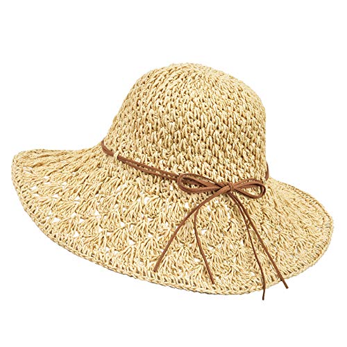 Wilxaw Sombrero de Paja de Mujeres, Playa de Sombrero de Sol Plegable ala Ancha, Gorra de Sol Suave Circunferencia de Cabeza Ajustable (Beige)