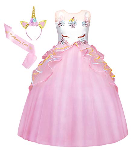 WonderBabe Niñas Unicornio Princesa Trajes Desfile De Cumpleaños Fiesta De Baile Actuación Vestido Largo De Tul con Volantes Rosa Edad 8-9 Años