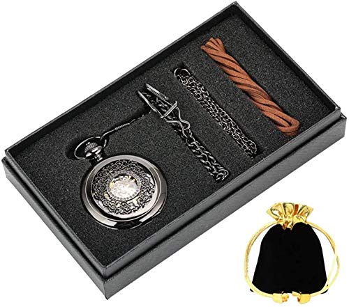 XHCP Reloj de Bolsillo Retro Ahuecado Negro Reloj de Bolsillo mecánico Conjunto de Regalos Caja Collar Cadena Colgante para Hombres Mujeres Amigo