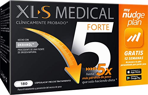 XLS Medical Forte 5 + Plan Nudge & Servicio Nutricionista Gratis | Origen Natural 100% Vegano | 180 Cápsulas, 1 mes | Captagrasas | Pierde hasta 5 veces más peso que solo haciendo dieta | Perder Peso