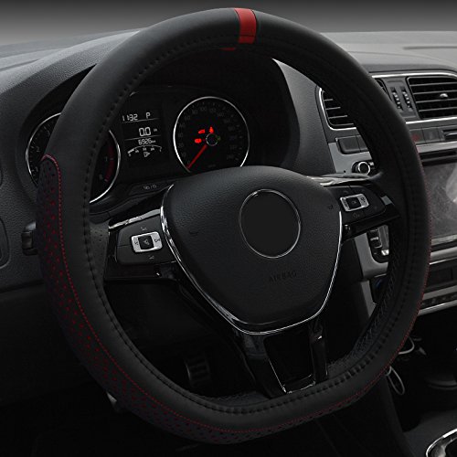 XuanMax Universal D Forma Funda de Volante Coche Cuero Microfibra Respirable Cubre Volante Piel Vehiculo Cubierta del Volante Envoltura Protectora Antideslizante Auto Steering Wheel Cover 38cm - Rojo