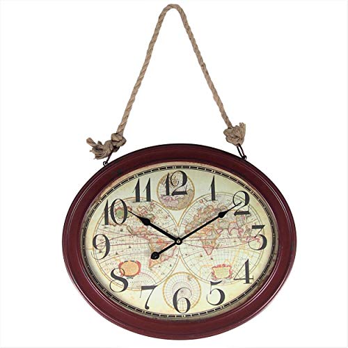 XXL reloj de pared de metal con diseño de pdla con panel de vidrio Mapa mundial de diseño vintage con cordón pintado de rojo-marrón aprox.42x5.5x50 cm
