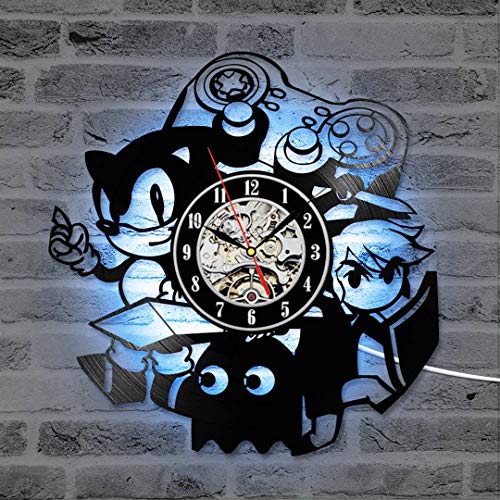 Yangoo Reloj de Pared de Vinilo Luz LED 12 Pulgadas Reloj de Vinilo Decoración del Hogar Lámpara de Noche Colgante Creativa 7 Colores Luminoso Reloj de Pared Niños y Amigos,A