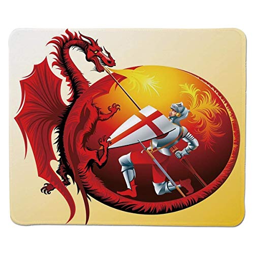 Yanteng Gaming Mouse Pad Dragon, Saint George con Fuego Escupir, con alas Criatura Royal Knight Graphic Decorativo, Silver Ruby Earth Yellow Stitched Edge