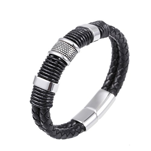 YL Pulsera de Cuero para Hombres, Pulsera de Acero Inoxidable Pulsera Lucky Bangle con Cierre desplegable de Acero Inoxidable, 20