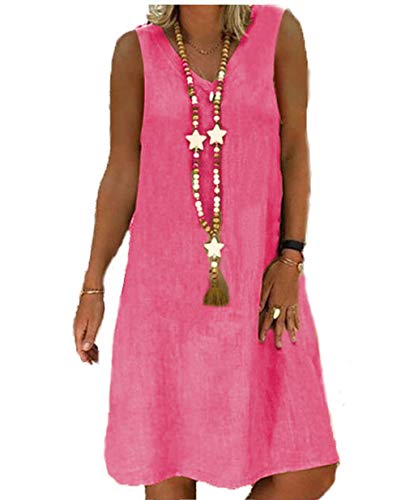 Yutila - Vestido de lino para mujer, para verano, cuello de pico, vestido informal bohemio Rosa B-Rose. L