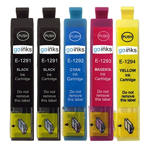 1 Go Inks - Juego de 4 Cartuchos de Tinta Extra Negros para reemplazar Epson T1295 + T1291 Compatible/no OEM para impresoras Epson Stylus Office (5 tintas), Color Negro, Cian, Magenta y Amarillo