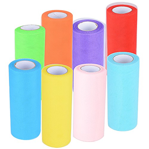 182m 8 Rollos de Tul Tulle Colores Decoración de Boda Falda Fiesta Cumpleaños Ropa Novia Manualidades Diy Azul Rosa Rojo Verde Amarillo Púrpura Naranja (25yardas*15cm*8rollos) 8 Colores