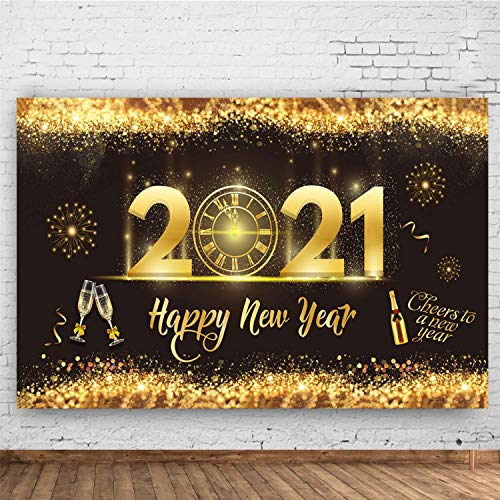 2021 Feliz Año Nuevo Decoración Fiesta-Negro Oro Brillo Año Nuevo Telón de Fondo Reloj Dial Cuenta Regresiva Fondo para Interior Decoración de Letrero de Jardín