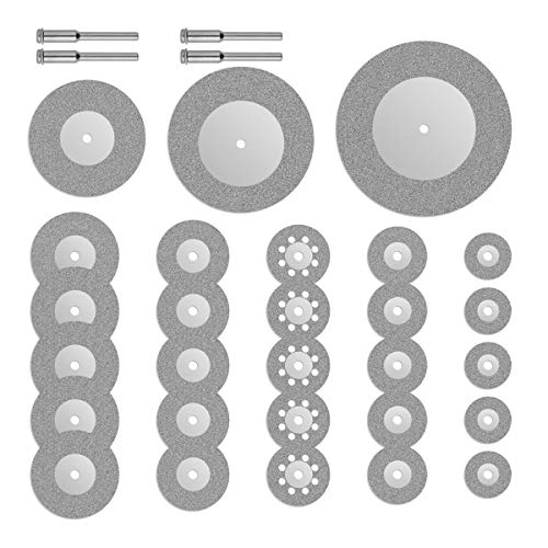 32 piezas de corte con diamante de Dremel Rotary. Minihojas en forma de disco para sierra. 16/20/22/25/30/40/50/60 mm. Herramientas para piedras preciosas, cristal o piedra (incluye 4 ejes de torno)