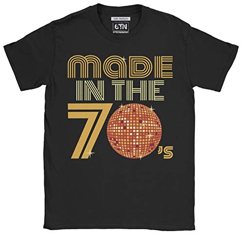 6TN Hombre Hecho en la Camiseta Retro de la Bola del Disco de los años 70 (L, Negro)