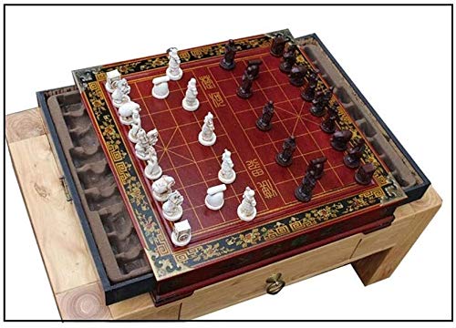 Ajedrez Internacional Antiguo tridimensional juego de ajedrez chino for adultos, Guerreros de terracota con figura de escultura de madera, mesa de ajedrez escritorio con cajones, la decoración del hog