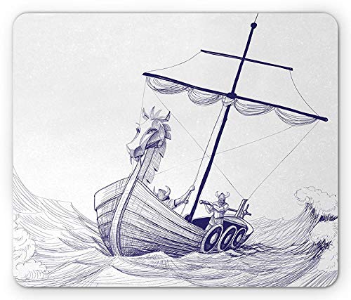 Alfombrilla de ratón Viking, barco largo Drakkar con figura de dragón en la proa del barco, patrón marino monocromático, tamaño estándar, rectangular, alfombrilla de goma antideslizante, azul real, bl