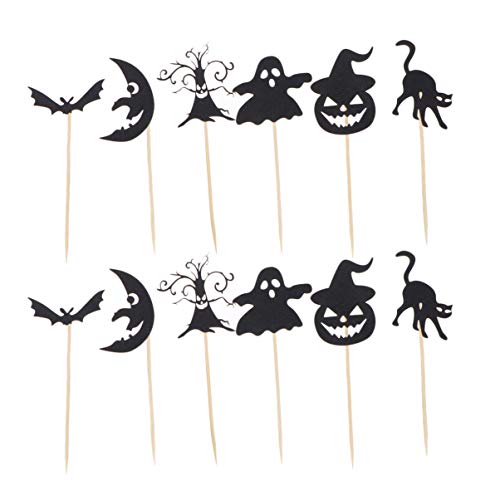 Amosfun Topper de la Torta de Halloween Recoge Bat Tree Cat Elf selecciones de Magdalenas en Forma de Luna Decoraciones de la Torta de la Fiesta de Halloween 12pcs (Negro)