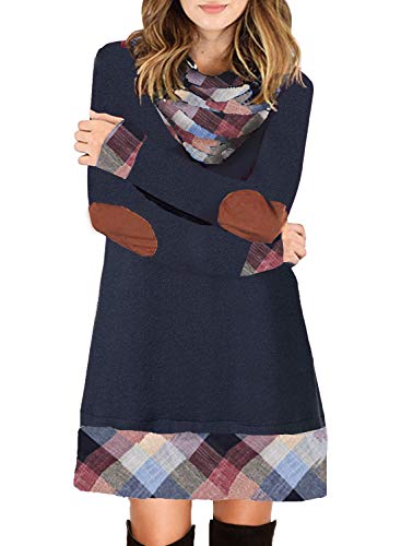 Ancapelion Mini Vestido de Manga Larga para Mujer a Cuadros de Punto de Cuello Alto Suéter de una línea de otoño Vestidos Sueltos de suéter para el otoño de Invierno