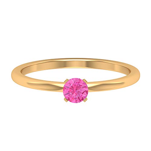 Anillo de compromiso de 0,34 quilates de zafiro rosa creado en laboratorio, 4 mm de corte redondo, anillo de boda simple, anillo de oro sólido (calidad AAAA), oro de 10 quilates rosa