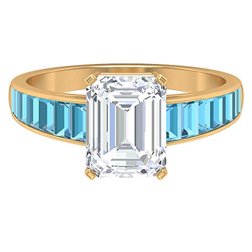 Anillo de moissanita de forma octogonal de 7 x 9 mm, Moissanita D-VSSI y aguamarina, anillo solitario con piedras laterales, anillo de compromiso de oro (calidad AAA), oro de 10 quilates blanco