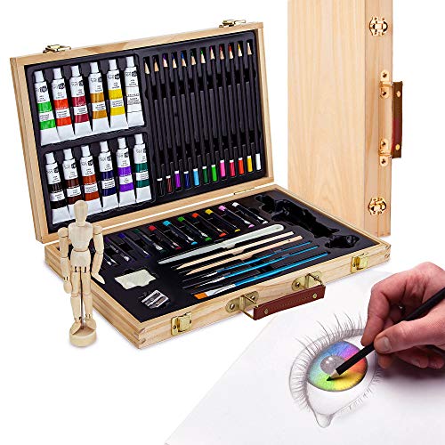 Artina Leonardo - Set de pintura (45 pzas.) - Maletín con colores acrílicos, lápices, Pinceles, Pasteles y maniquí