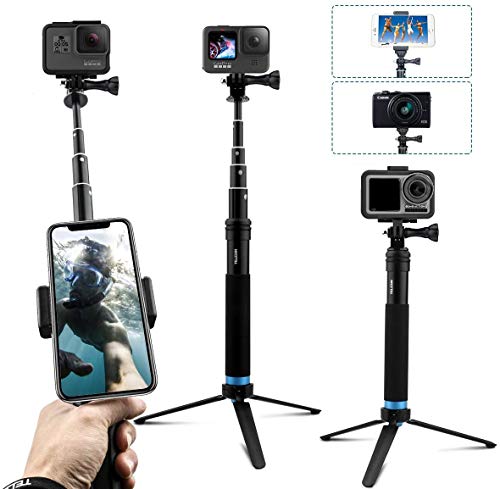 AuyKoo Palo de Selfie Trípode para Gopro, Extension Impermeable Soporte Selfie Stick, Aleación de Aluminio Palo Gopro Sumergible, Monopie para GoPro Hero 9/8/7/6/5/4, dji OSMO Action Camara Teléfono