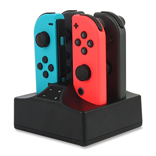 Base de carga compatible con Nintendo Switch Joy-Con 4 en 1 cargador con indicador LED, switch de control cargador con cable USB tipo C, color negro
