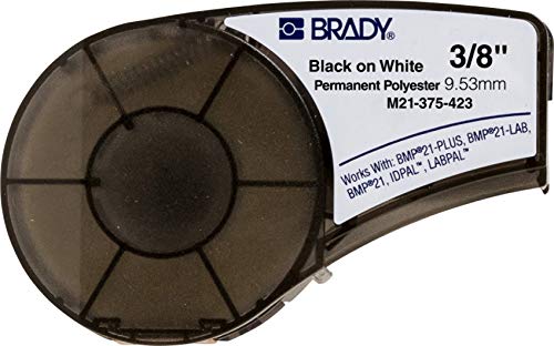 Brady B-423 Poliéster permanente, Negro sobre blanco, BMP21 Mobile Printer ID PAL And LABPAL Printer label etiqueta de impresora, 0.375"x21', negro sobre blanco, 1