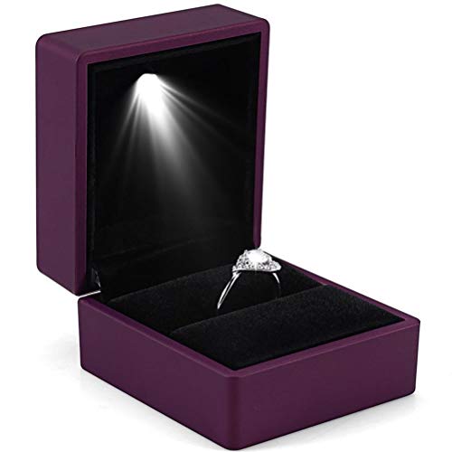 Caja de anillo con iluminación interior LED, caja de anillo creativa iluminada de moda, caja de anillo multifuncional para compromiso de boda (luz púrpura)