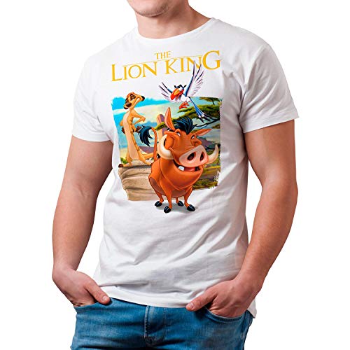 Camiseta Cine Hombre - Unisex El Rey León, Timón y Pumba (Blanco, L)