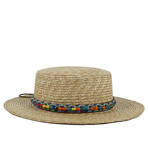 Casa perfetta Moda Que mira Las Mujeres de Paja Boater Sun Hat for Lady Summer Bohemia Beach Plana Sunbonnet con Borde Ancho Moda cinturón Bonito Sombrero (Color : Natural, Size : 56-58cm)