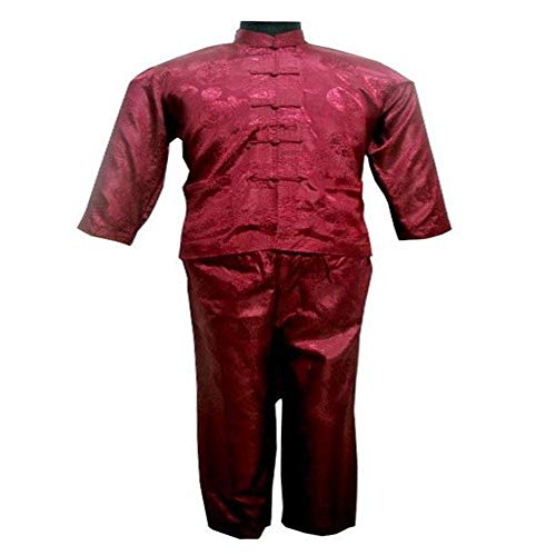 Chino Estilo de los Hombres de Pijamas Set Raso Botón Pijamas de época Juego de la Camisa y Las Bragas de la Ropa de Noche Ropa de Dormir (Color : Burgundy, Size : XXXL)