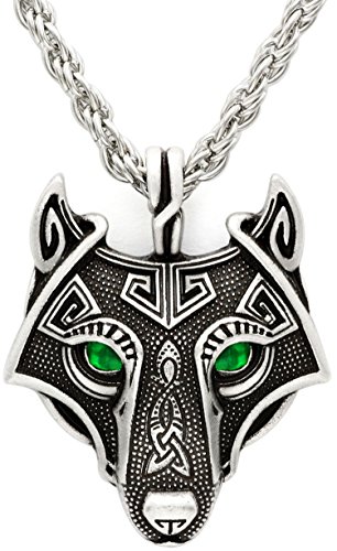 Colgante de plata verde esmeralda envejecido fabricado a mano de cabeza de lobo vikingo