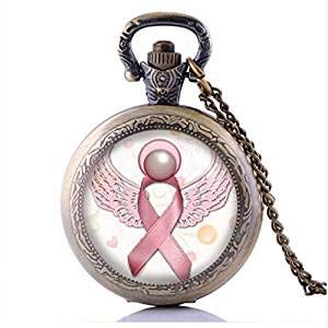 Collar de reloj de bolsillo con diseño de corazón y lazo de concienciación sobre el cáncer de mama, color rosa