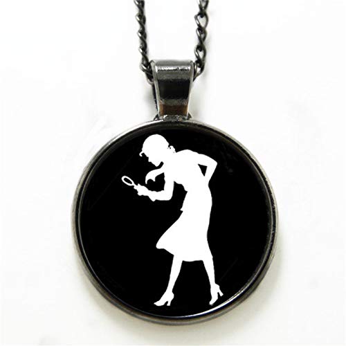 Collar Nancy Drew para niña detective, joyería de libro misterioso, collar de arte blanco y negro con impresión blanca de cristal
