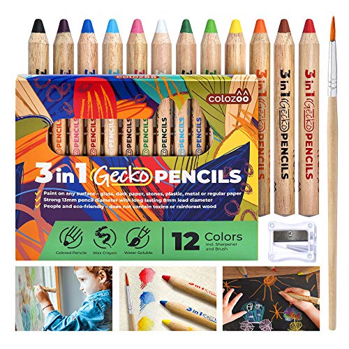 Colozoo Juego de lápices de Colores 3 en 1, 12 lápices de Colores Gruesos, Incluye Pincel y sacapuntas, Colores no tóxicos y Veganos para niños a Partir de 3 años