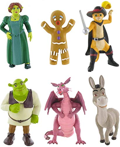 Comansi Shrek Figura Conjunto con Shrek, Fiona, Asno, Gato, dragón y el Hombre de Pan de Jengibre