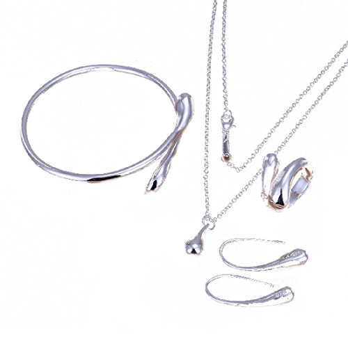 Conjunto de joyas chapadas en plata de 925: cadena, pulsera, collar,anillo y pendientes ovales como gotas de agua.