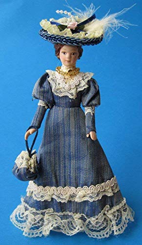 CREAL SàRL Muñeca Dama Lady Elegante Azul Vestido y Sombrero Casa de Muñecas Miniatura 1:12