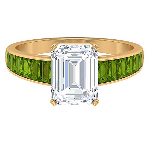 D-VSSI - Anillo de compromiso con moissanita y peridoto, 7 x 9 mm, forma octogonal, anillo de compromiso solitario, anillo de piedra lateral de oro (calidad AAA), oro de 10 quilates blanco