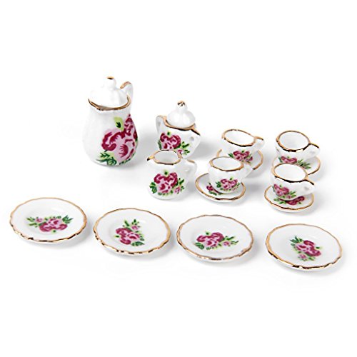 Decoracion de casa de munecas - SODIAL(R) 15piezas Juego de te de porcelana mercancia en miniatura de casa de munecas Platos tazas platos de rosa china