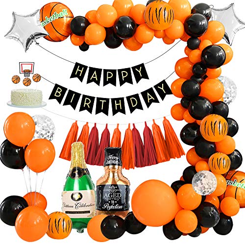 Decoracion fiesta cumpleaños, globos de baloncesto, globos de látex de color naranja negro, pancarta HAPPY BIRTHDAY, adorno de pastel de baloncesto para Decoración de fiesta temática deportiva