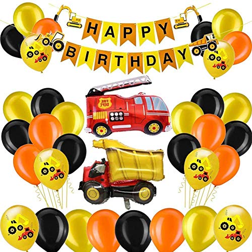 Decoraciones de cumpleaños para niños Korins Construcción de vehículos Globos de camión de bomberos Bebé Feliz cumpleaños Pancarta Guirnalda Suministros para fiesta de cumpleaños