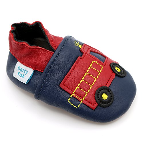 Dotty Fish Zapatos de Cuero Suave para bebés. Antideslizante. Camión de Bomberos Rojo. 2-3 Años (25 EU)