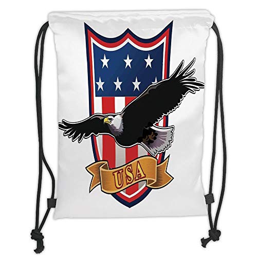 Drawstring Backpacks Bags,American,Flying Eagle with USA Flag Armor Design Shape Liberty Wings in Sky Ilustration,Red Blue Black Soft Satin,5 Liter Capacity,Adjustable String Closu