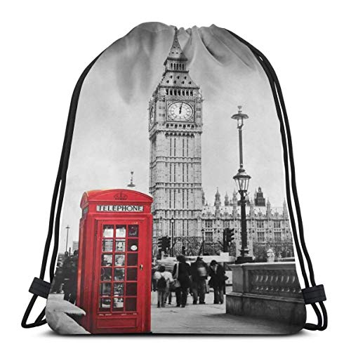 Drawstring Tote Bag Gym Bags Storage Backpack, Famous Telephone Booth and The Big Ben In England Street View Symbols of Town Retro,Very Strong Premium Quality Gym Bag for Adults & Children