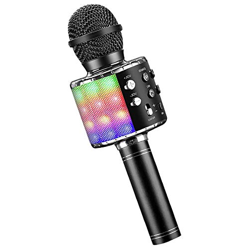 DY_Jin Micrófono inalámbrico de Karaoke Bluetooth 4 en 1 con Luces LED, portátil de Mano para niños, Reproductor KTV doméstico con función de grabación (Black)