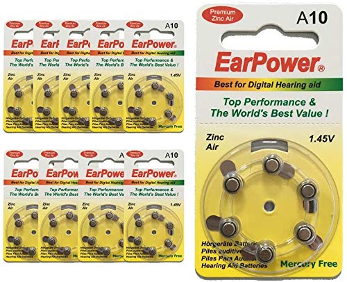 EarPower - Lote de 60 pilas auditivas de tamaño 10 / A10 (lote de 10 placas), para dispositivos auditivos y auxilios auditivos, sin mercuro, 1,45 V, PR70, Premium Zinc AIR / A10 / P10