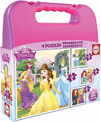 Educa- Princesas Disney Maleta Progresivos, puzzle infantil de 12,16,20 y 25 piezas, a partir de 3 años (16508)